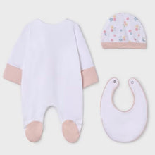 Load image into Gallery viewer, baby gro bib and hat set with ballerina rabbit print. Mayoral onesie set 9448 in pink available on kidstuff.ie Back view
