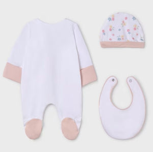 baby gro bib and hat set with ballerina rabbit print. Mayoral onesie set 9448 in pink available on kidstuff.ie Back view
