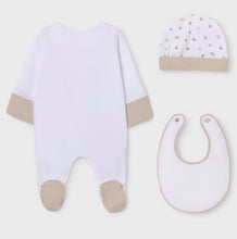Load image into Gallery viewer, baby gro bib and hat set with rabbit print. Mayoral onesie set 9448 in beige available on kidstuff.ie Back view
