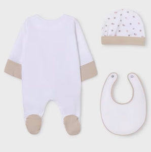 baby gro bib and hat set with rabbit print. Mayoral onesie set 9448 in beige available on kidstuff.ie Back view