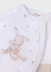 baby gro bib and hat set with rabbit print. Mayoral onesie set 9448 in beige available on kidstuff.ie