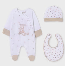 Load image into Gallery viewer, baby gro bib and hat set with  rabbit print. Mayoral onesie set 9448 in beige available on kidstuff.ie
