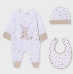 baby gro bib and hat set with  rabbit print. Mayoral onesie set 9448 in beige available on kidstuff.ie