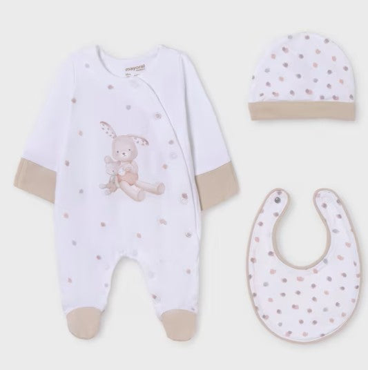 baby gro bib and hat set with  rabbit print. Mayoral onesie set 9448 in beige available on kidstuff.ie