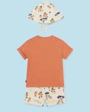 Load image into Gallery viewer, Orange Tee-shirt, printed shorts and hat set for a toddler boy. Mayoral 1653 baby 3 piece available on kidstuff.ie  Back view
