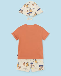 Orange Tee-shirt, printed shorts and hat set for a toddler boy. Mayoral 1653 baby 3 piece available on kidstuff.ie  Back view