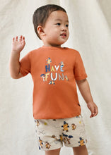 Load image into Gallery viewer, Orange Tee-shirt, printed shorts and hat set for a toddler boy. Mayoral 1653 baby 3 piece available on kidstuff.ie
