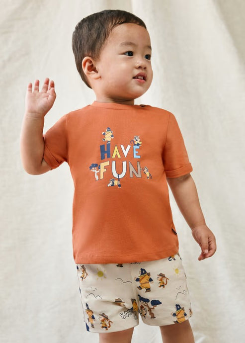 Orange Tee-shirt, printed shorts and hat set for a toddler boy. Mayoral 1653 baby 3 piece available on kidstuff.ie