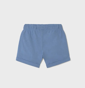 boys three piece set with two t shirts and one pair of shorts. Orange top, print top and blue shorts for  a boy. Mayoral  1652 set available on kidstuff.ie