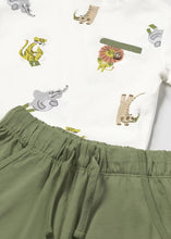 Load image into Gallery viewer, Boy&#39;s cotton set of two tops and 1 pair of shorts. Animal print tee shirts and khaki shorts . Mayoral 1652 in gold available on kidstuff.ie
