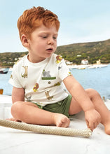 Load image into Gallery viewer, Boy&#39;s cotton set of two tops and 1 pair of shorts. Animal print tee shirts and khaki shorts . Mayoral 1652 in gold available on kidstuff.ie
