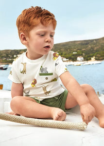 Boy's cotton set of two tops and 1 pair of shorts. Animal print tee shirts and khaki shorts . Mayoral 1652 in gold available on kidstuff.ie