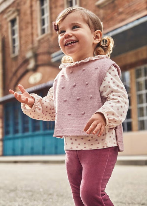 Blouse,  pink trousers and knit vest for a toddler girl. Mayoral 2551 3 pce available to buy on Kidstuff.ie