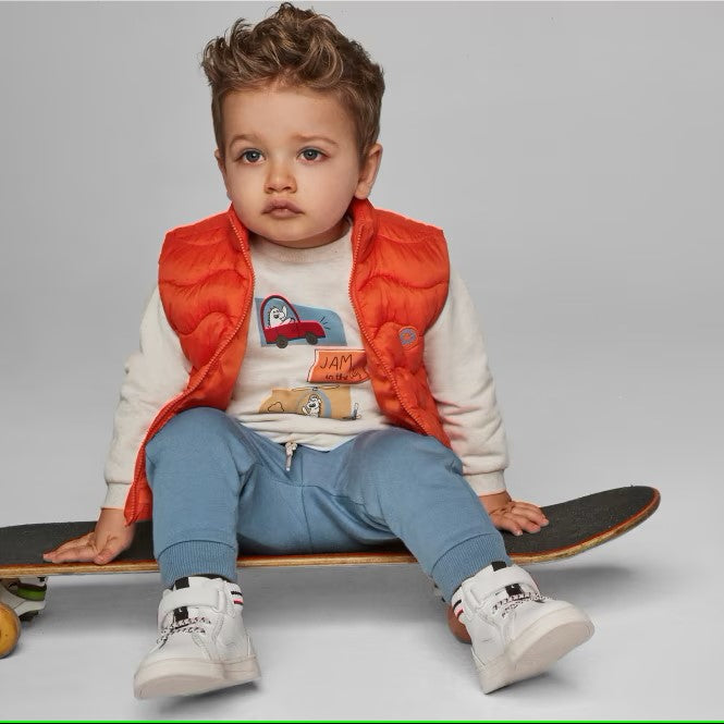 Toddler boy 3 piece set with orange gilet. Mayoral 2640 available on kidstuff.ie