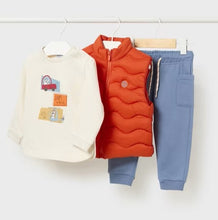 Load image into Gallery viewer, Toddler boy 3 piece set with orange gilet. Mayoral 2640 available on kidstuff.ie
