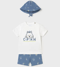 Load image into Gallery viewer, Baby boy printed hat, shorts and tee shirt set. Mayoral 1655 3 piece set  in blue available on kidstuff.ie
