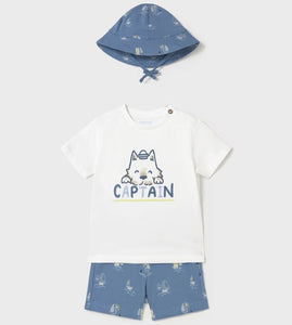 Baby boy printed hat, shorts and tee shirt set. Mayoral 1655 3 piece set  in blue available on kidstuff.ie