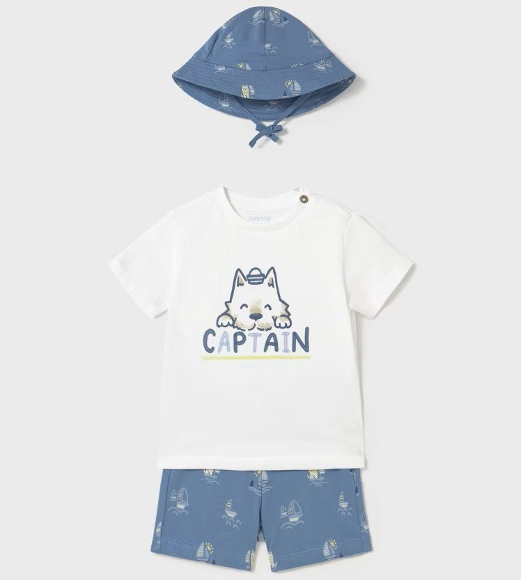 Baby boy printed hat, shorts and tee shirt set. Mayoral 1655 3 piece set  in blue available on kidstuff.ie