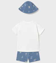 Load image into Gallery viewer, Baby boy printed hat, shorts and tee shirt set. Mayoral 1655 3 piece set  in blue available on kidstuff.ie
