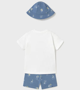 Baby boy printed hat, shorts and tee shirt set. Mayoral 1655 3 piece set  in blue available on kidstuff.ie