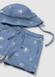 Baby boy printed hat, shorts and tee shirt set. Mayoral 1655 3 piece set  in blue available on kidstuff.ie