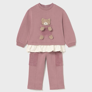 girls pink tracksuit top with fancy 3d appliqué teddy-bear on the front and cream frill detail to the hem. Matching pink jog bottoms with pockets. Mayoral 2843 girl's outfit available on kidstuff.ie