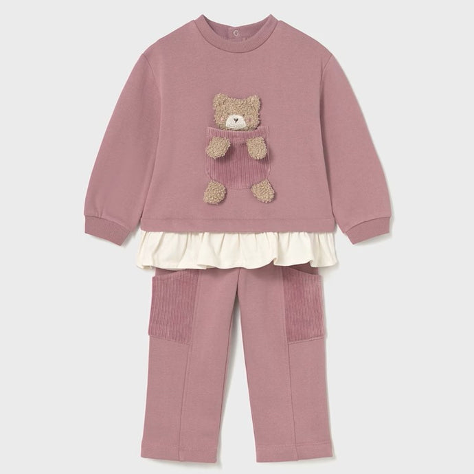 girls pink tracksuit top with fancy 3d appliqué teddy-bear on the front and cream frill detail to the hem. Matching pink jog bottoms with pockets. Mayoral 2843 girl's outfit available on kidstuff.ie