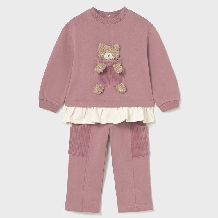 girls pink tracksuit top with fancy 3d appliqué teddy-bear on the front and cream frill detail to the hem. Matching pink jog bottoms with pockets. Mayoral 2843 girl's outfit available on kidstuff.ie