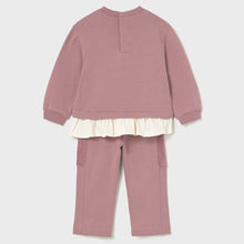 Load image into Gallery viewer, girls pink tracksuit top with fancy 3d appliqué teddy-bear on the front and cream frill detail to the hem. Matching pink jog bottoms with pockets. Mayoral 2843 girl&#39;s outfit available on kidstuff.ie Back view
