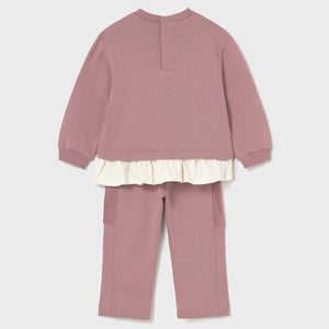 girls pink tracksuit top with fancy 3d appliqué teddy-bear on the front and cream frill detail to the hem. Matching pink jog bottoms with pockets. Mayoral 2843 girl's outfit available on kidstuff.ie Back view