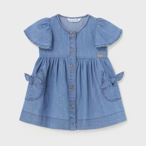 Baby or toddler denim dress with bell sleeves and pocket details. Mayoral 1924 baby dress available to buy on kidstuff.ie