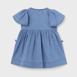 Baby or toddler denim dress with bell sleeves and pocket details. Mayoral 1924 baby dress available to buy on kidstuff.ie Back view