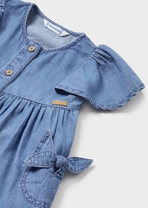Baby or toddler denim dress with bell sleeves and pocket details. Mayoral 1924 baby dress available to buy on kidstuff.ie front detail