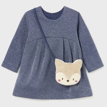 Load image into Gallery viewer, blue toddler dress with silver  sparkle and matching handbag. Mayoral 2915 toddler dress indigo, available on kidstuff.ie
