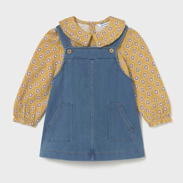 girl's blue denim A-line pinafore dress with  honey-yellow printed long sleeved blouse with collar. Mayoral set 2926 available on kidstuff.ie