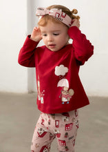 Load image into Gallery viewer, Child wearing a red long sleeved top and pink printed leggings  set with cloud and raindrop design, standing against a plain background. Available on kidstuff.ie
