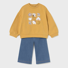 Load image into Gallery viewer, Girl&#39;s yellow sweatshirt with floral designs and denim blue pants. Mayoral 2594 girl&#39;s set avalable on kistuff.ie

