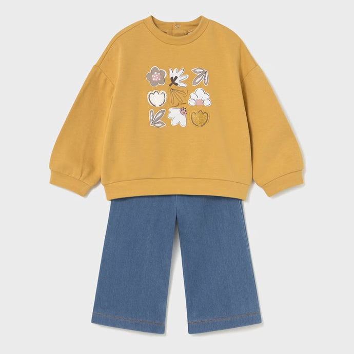 Girl's yellow sweatshirt with floral designs and denim blue pants. Mayoral 2594 girl's set avalable on kistuff.ie
