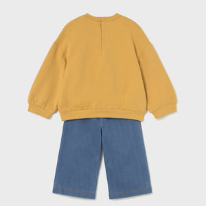 Back view of Girl's yellow sweatshirt with floral designs and denim blue pants. Mayoral 2594 girl's set avalable on kistuff.ie