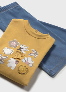 Girl's yellow sweatshirt with floral designs and denim blue pants. Mayoral 2594 girl's set avalable on kistuff.ie