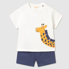 Load image into Gallery viewer, Boy's outfit with a white shirt featuring a giraffe design and navy shorts  Mayoral 1668 boy's outfit available t buy on kidstuff.ie
