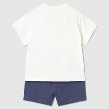 Load image into Gallery viewer, Boy's outfit with a white shirt featuring a giraffe design and navy shorts  Mayoral 1668 boy's outfit available t buy on kidstuff.ie Back view
