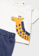 Load image into Gallery viewer, Boy's outfit with a white shirt featuring a giraffe design and navy shorts  Mayoral 1668 boy's outfit available t buy on kidstuff.ie
