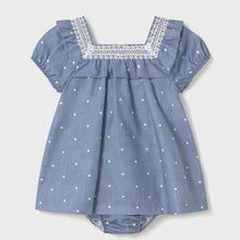 Load image into Gallery viewer, Polka-dot Baby dress and panties in blue. Mayoral 1919 Baby dress and knickers available on kidstuff.ie
