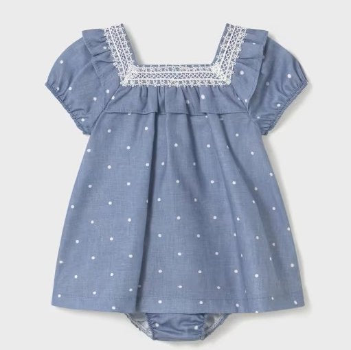 Polka-dot Baby dress and panties in blue. Mayoral 1919 Baby dress and knickers available on kidstuff.ie