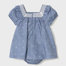 Load image into Gallery viewer, Polka-dot Baby dress and panties in blue. Mayoral 1919 Baby dress and knickers available on kidstuff.ie
