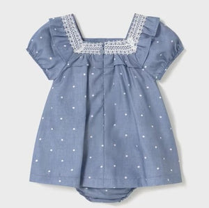 Polka-dot Baby dress and panties in blue. Mayoral 1919 Baby dress and knickers available on kidstuff.ie