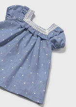 Load image into Gallery viewer, Polka-dot Baby dress and panties in blue. Mayoral 1919 Baby dress and knickers available on kidstuff.ie
