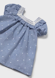 Polka-dot Baby dress and panties in blue. Mayoral 1919 Baby dress and knickers available on kidstuff.ie