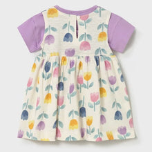 Load image into Gallery viewer, Baby dress with floral pattern and lilac cardigan . Mayoral 1922 baby dress set available to buy on kidstuff.ie  Back view
